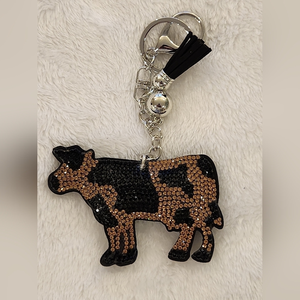 Cow Sequin Rhinestone Keychain with Tassel Bag Charm